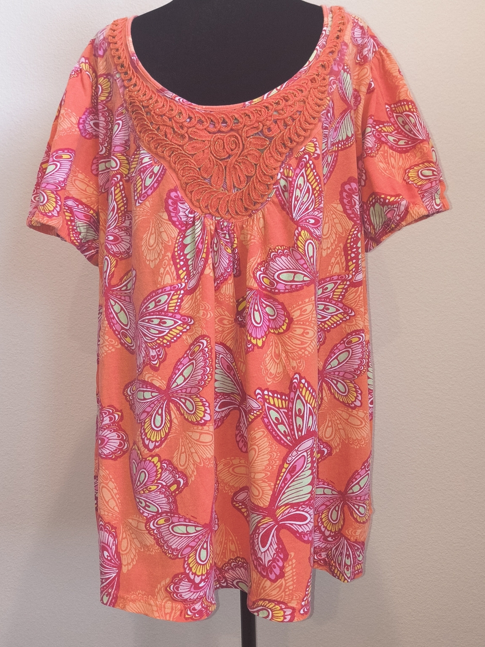 3X Orange Butterfly Crochet-Yoke Tunic 100% Cotton